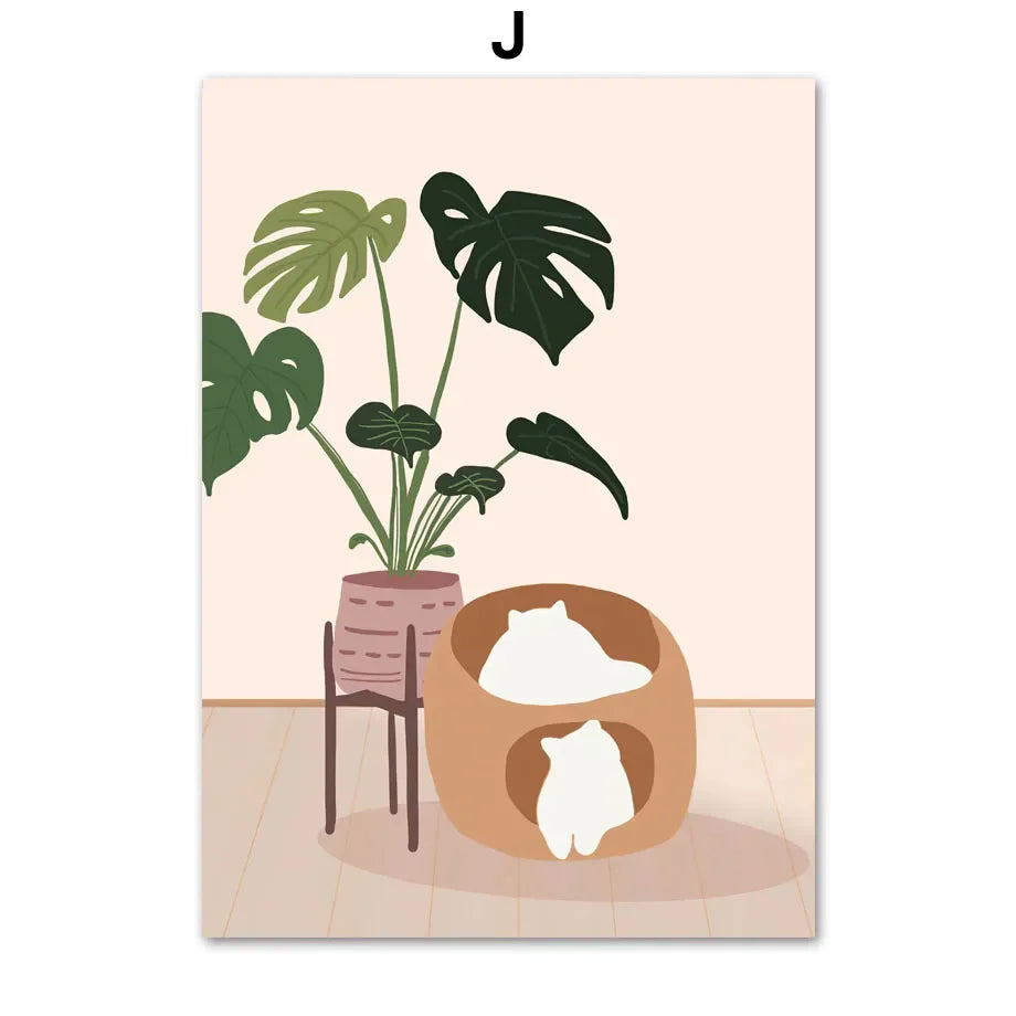 Green Plants Black Cat Canvas Wall Art - J / 50X70cm No Framed - Posters