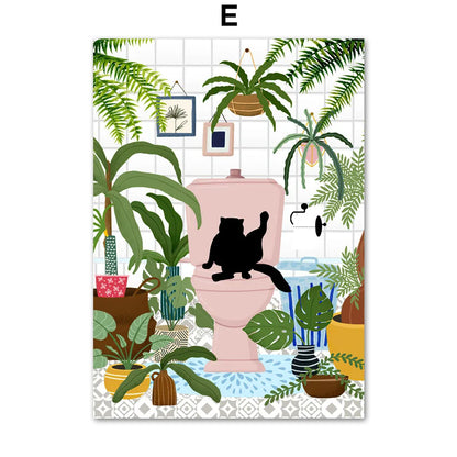 Green Plants Black Cat Canvas Wall Art - E / 40X50cm No Framed - Posters