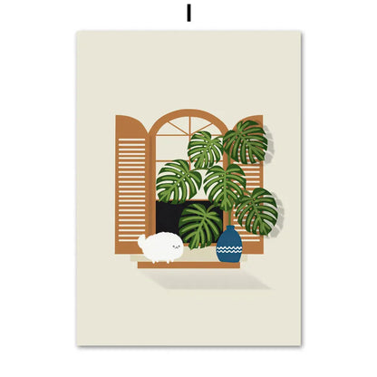 Green Plants Black Cat Canvas Wall Art - I / 40X50cm No Framed - Posters