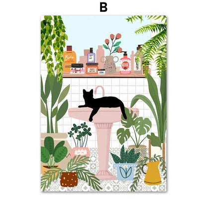 Green Plants Black Cat Canvas Wall Art - B / 40X50cm No Framed - Posters