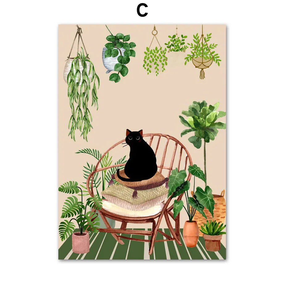 Green Plants Black Cat Canvas Wall Art - C / 40X50cm No Framed - Posters