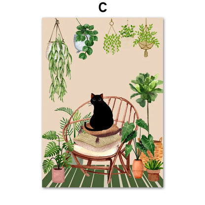 Green Plants Black Cat Canvas Wall Art - C / 40X50cm No Framed - Posters