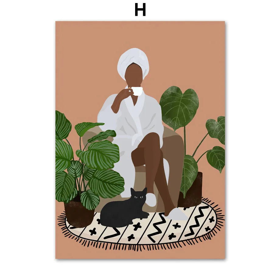 Green Plants Black Cat Canvas Wall Art - H / 40X50cm No Framed - Posters