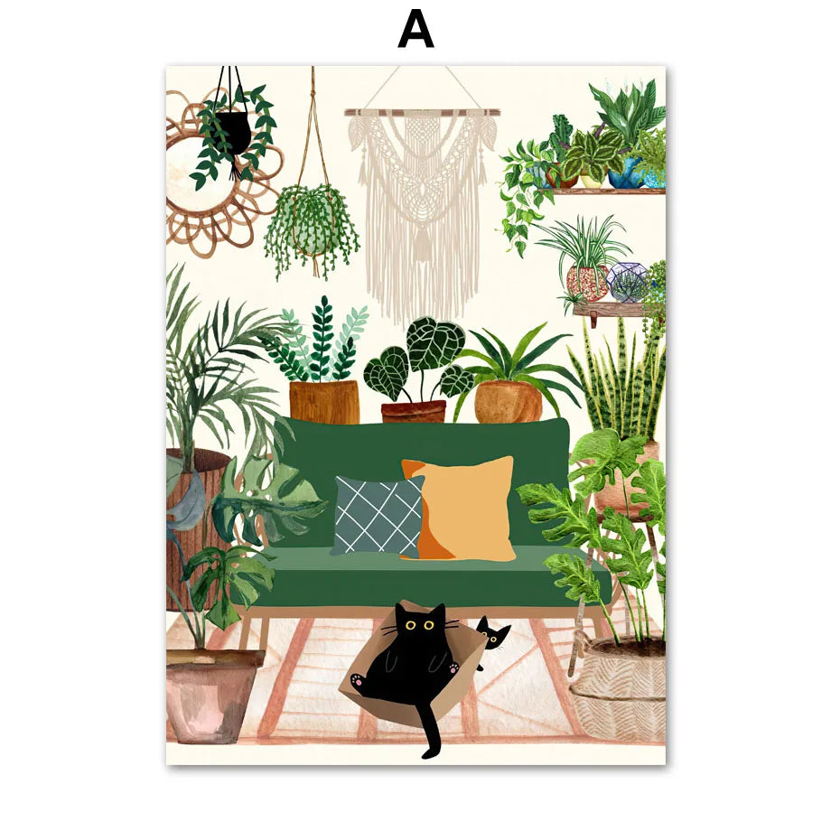 Green Plants Black Cat Canvas Wall Art - A / 40X50cm No Framed - Posters