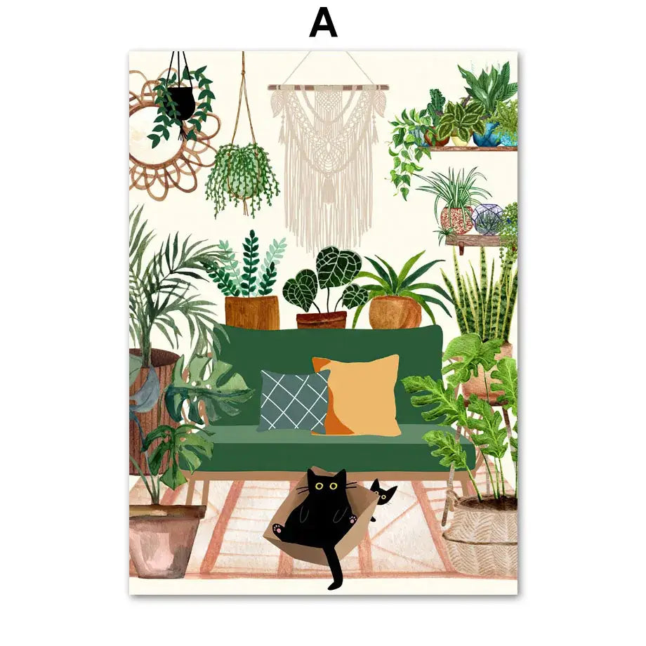 Decorbites™ canvas wall art featuring cozy living room with green plants, green sofa, and two black cats in box