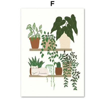 Decorbites™ canvas wall art featuring green plants and a sleeping black cat on a cozy shelf arrangement