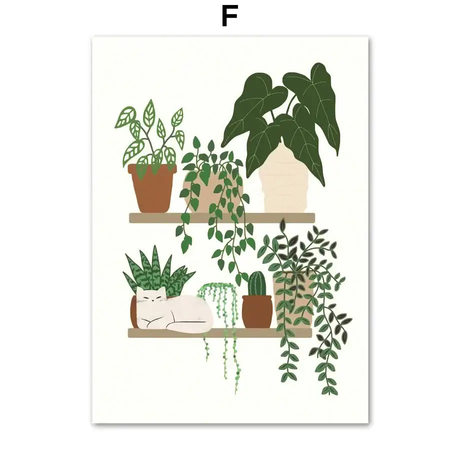 Decorbites™ canvas wall art featuring green plants and a sleeping black cat on a cozy shelf arrangement