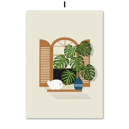 Decorbites™ green plants black cat canvas wall art featuring window with wooden shutters lush monstera leaves and white cat