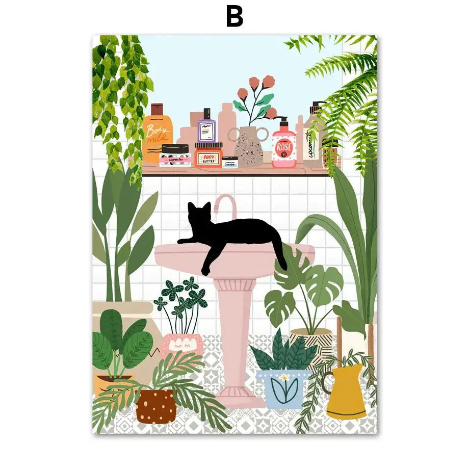 Decorbites™ canvas wall art featuring a black cat lounging on a pink sink with green plants in a bathroom scene
