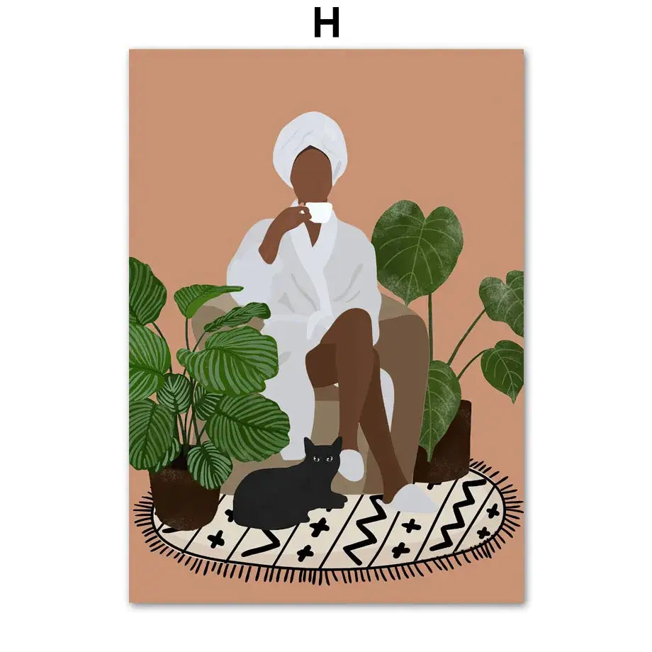Decorbites™ green plants black cat canvas wall art featuring a minimalist woman in robe with potted green plants and black cat