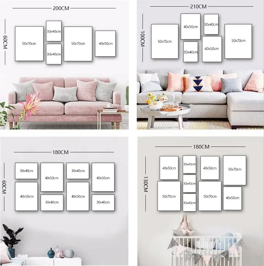 Modern minimalist canvas art sets featuring green plants and black cat designs in white frames for living rooms and nurseries