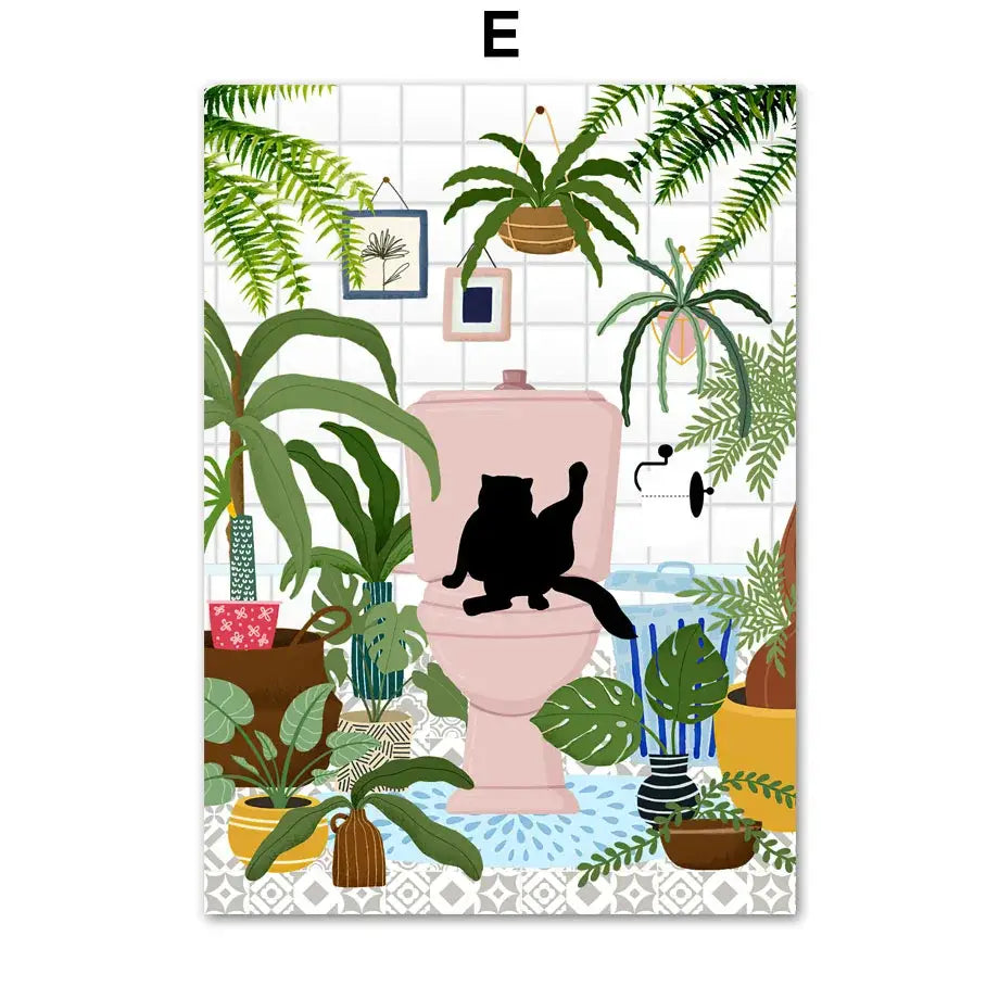 Decorbites™ canvas wall art featuring a pink toilet with black cat silhouette and green plants black design