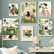 Set of six framed decorbites™ canvas wall art featuring black cat illustrations amid green plants in cozy interiors