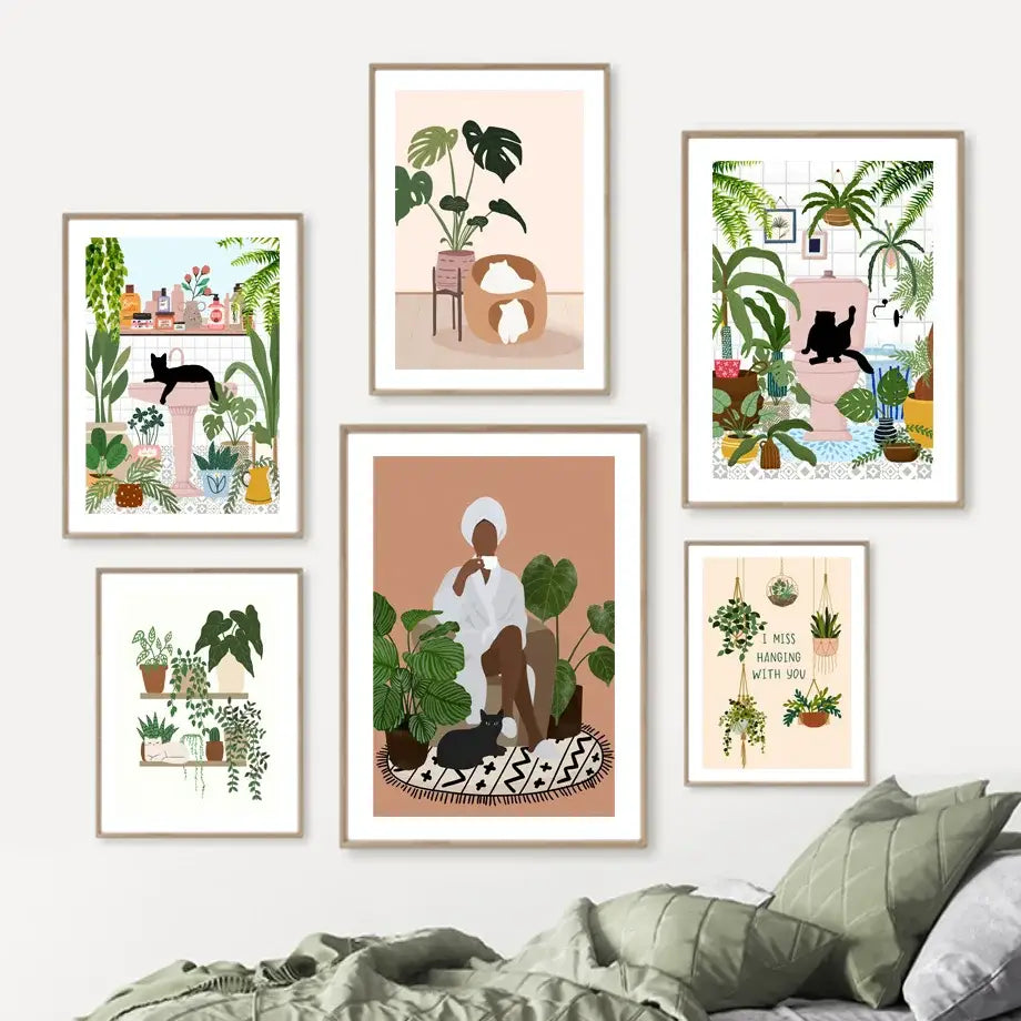 Set of six framed botanical illustrations featuring green plants black cat in soft pastel tones for wall decor