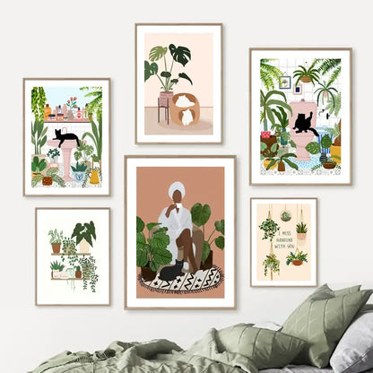 Set of six framed botanical illustrations by decorbites featuring green plants black cat and cozy pastel interior scenes