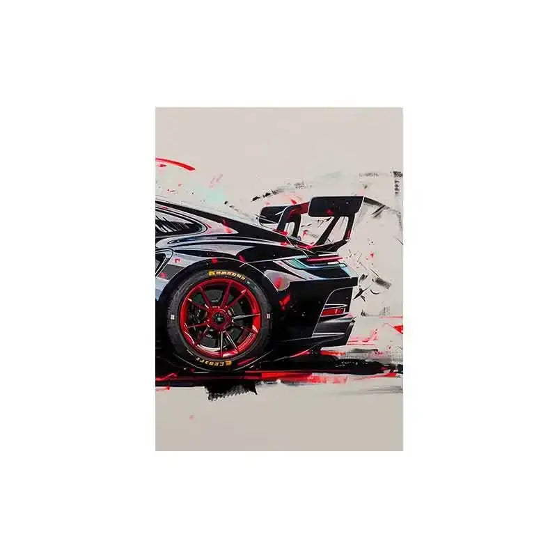 DecorBites™ GT3 RS sports car wall art featuring a black Porsche with red alloy wheels in abstract graffiti style