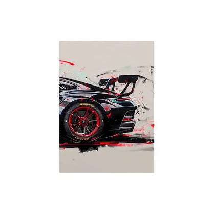 DecorBites™ GT3 RS sports car wall art featuring a black Porsche with red alloy wheels in abstract graffiti style