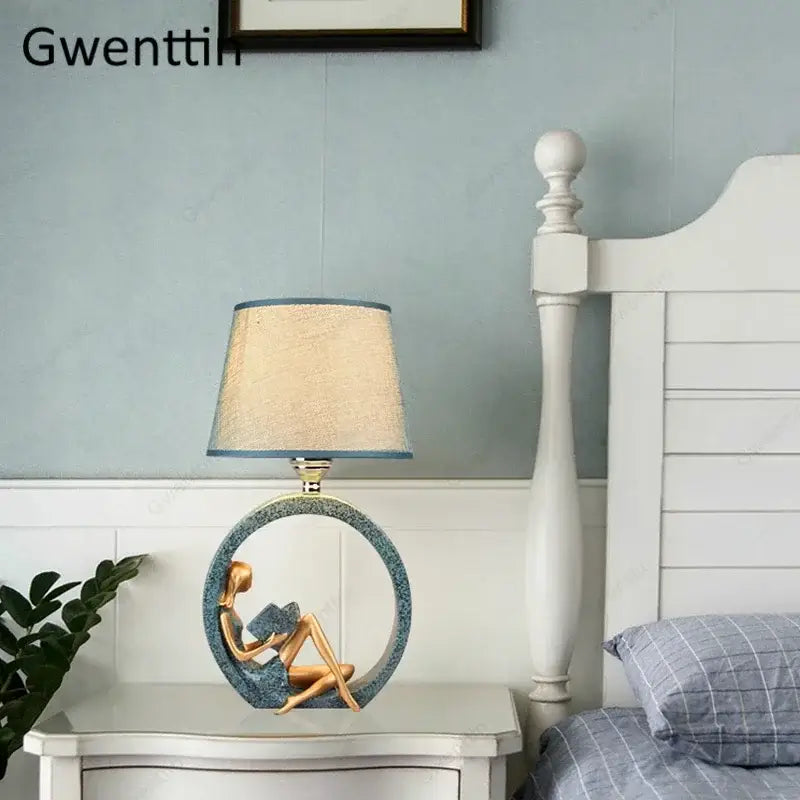 Decorbites guitar girl table lamp with blue mosaic base and golden figurine reading for bedroom reading light