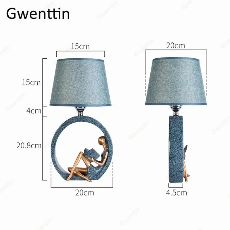 Blue textured decorbites guitar girl table lamp with golden seated reading figurine in circular base for bedroom lighting