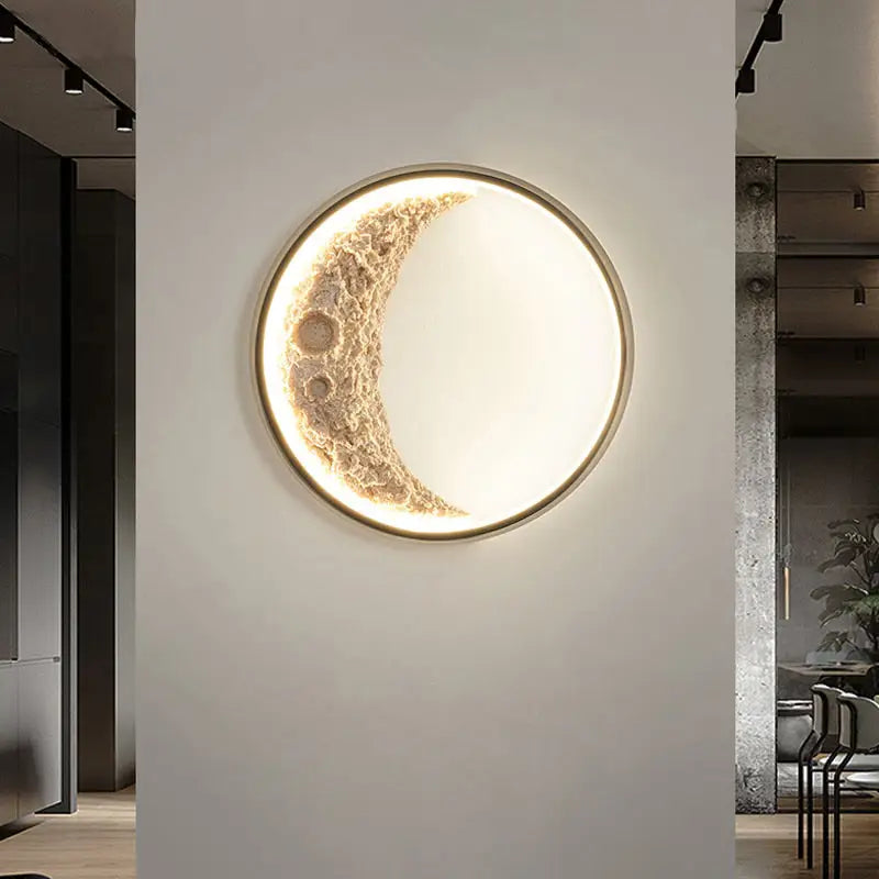 DecorBites half moon modern led wall lamp with textured beige crescent moon and glowing white inner circle