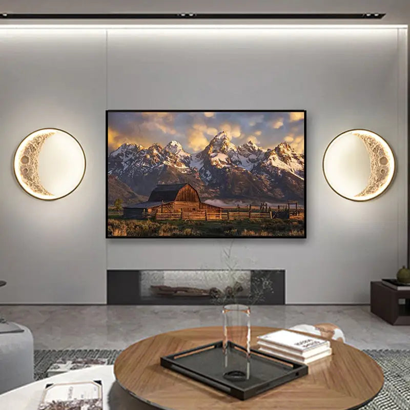 Decorbites™ half moon modern led wall lamp in black frame displayed with vivid mountain landscape on led wall lamp