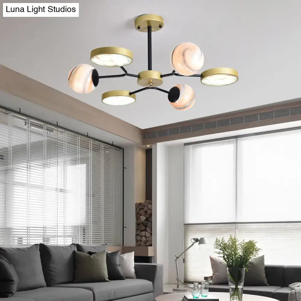 Decorbites™ hand blown glass round chandelier light with five amber glass shades and gold canopy shape for 220v-240v use