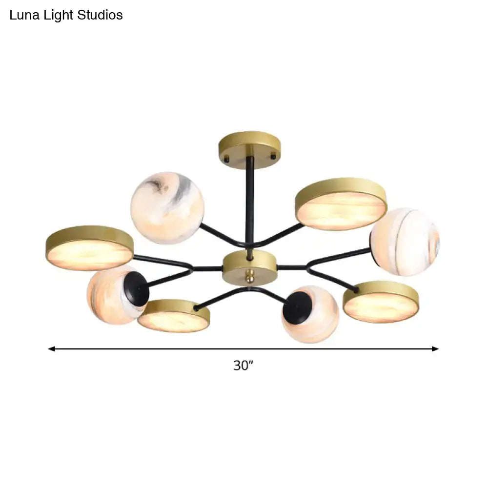 DecorBites™ hand blown glass 30-inch chandelier with brass fixture black arms and swirling marble shades for 220v-240v use