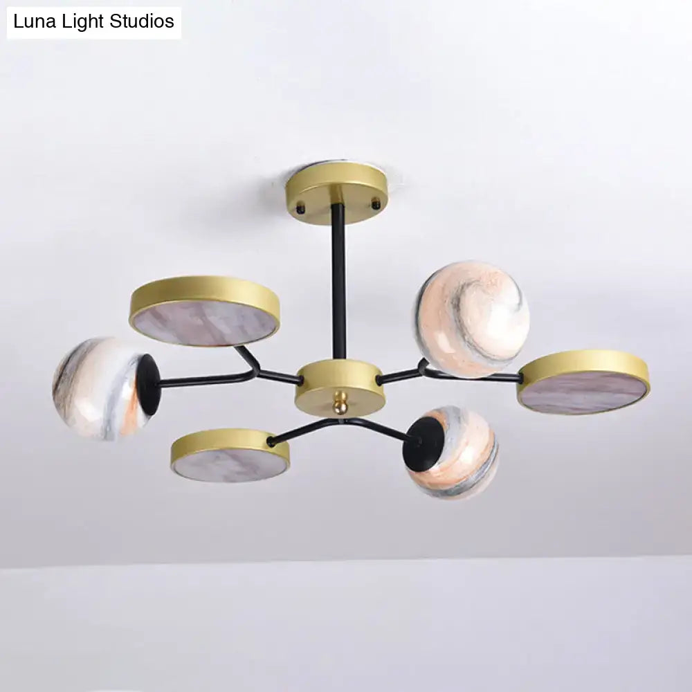 DecorBites™ hand blown glass chandelier with gold canopy shape and marble effect shades in pink white and gray 220v-240v 110v-120v