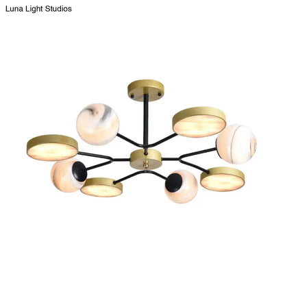 DecorBites hand blown glass round chandelier light with brass hub black arms gold discs and marble pattern spheres 220v-240v