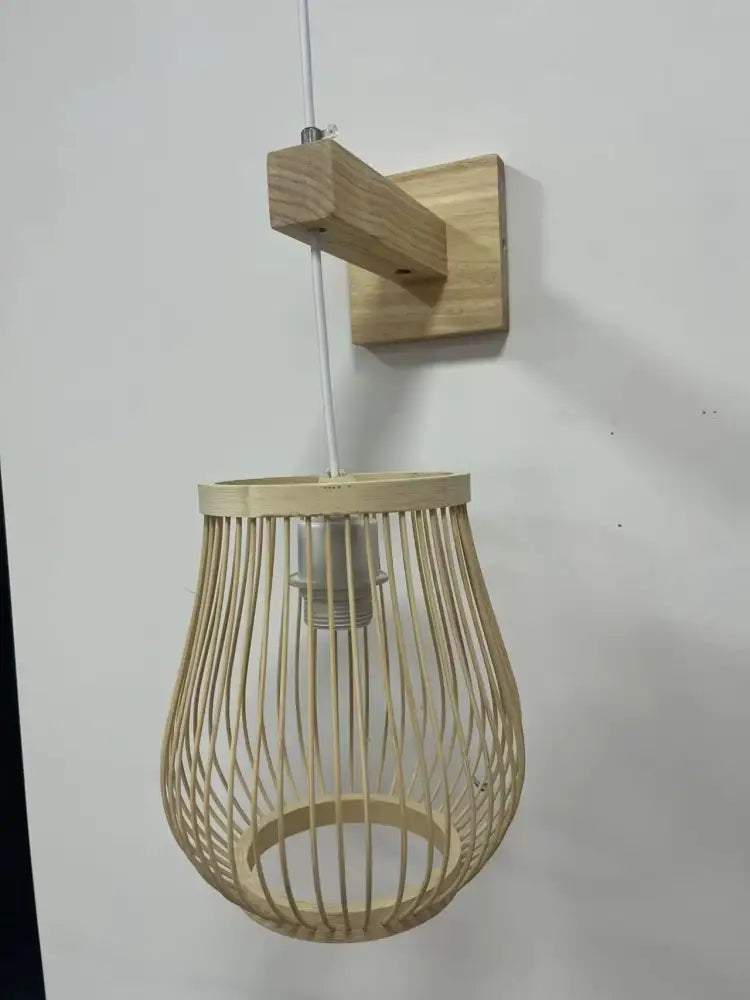DecorBites™ hand-knit light beige bamboo pendant ceiling light with woven cylindrical cage and wooden wall mount
