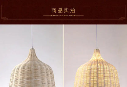 Beige woven rattan pendant ceiling light with a conical textured design from decorbites bamboo collection