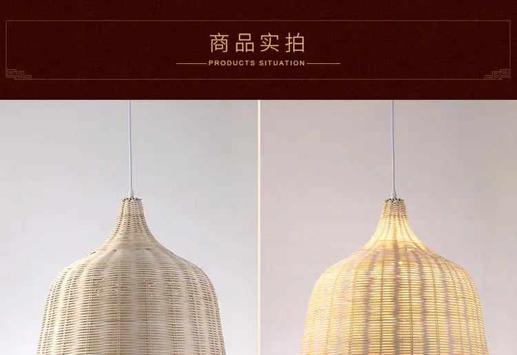 Beige woven rattan pendant ceiling light with a conical textured design from decorbites bamboo collection