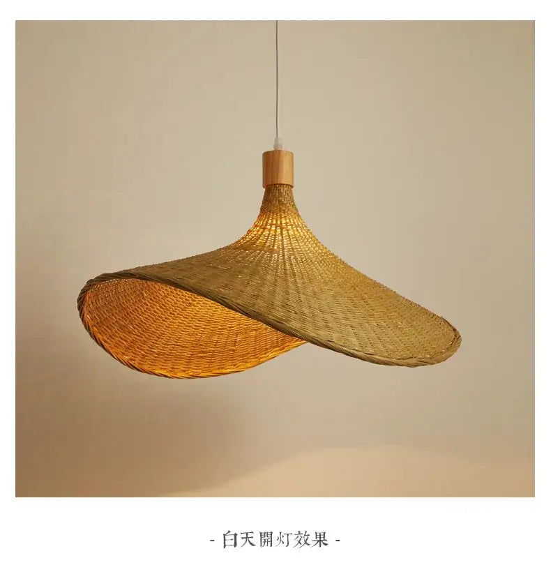 Decorbites hand-knit bamboo pendant ceiling light with golden woven rattan shade and wooden top ceiling light