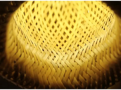 Golden woven straw decorbites™ hand-knit bamboo pendant ceiling light with diamond-patterned lattice design