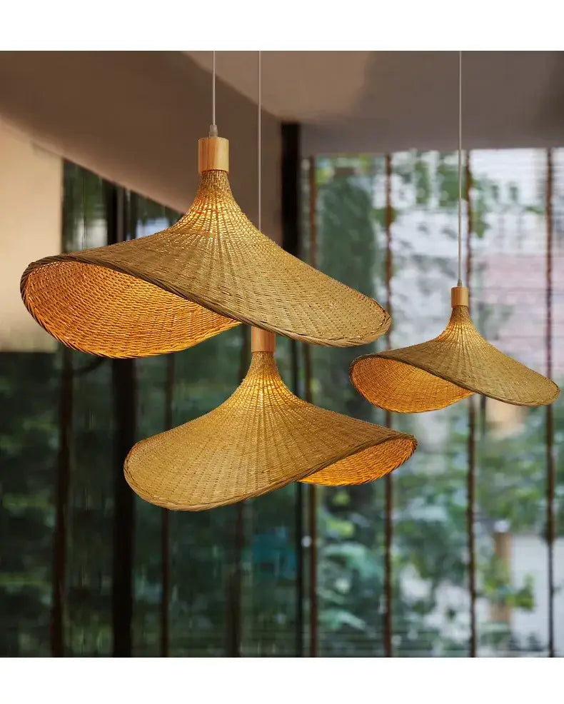 DecorBites™ hand-knit bamboo pendant ceiling light with handwoven natural rattan and warm golden hue ceiling light