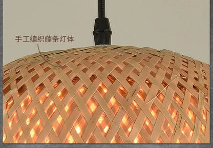 DecorBites™ hand-knit bamboo pendant ceiling light with handwoven rattan lampshade and warm golden glow filtering through lattice