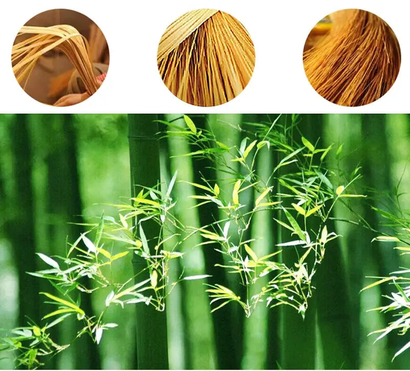 DecorBites™ hand-knit bamboo pendant ceiling light with natural bamboo stalks gold brown textured strands and green leaves