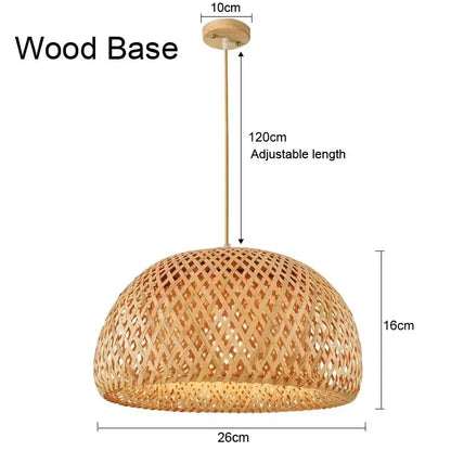 DecorBites™ hand-knit bamboo pendant ceiling light with natural tones woven dome shade and adjustable wooden base