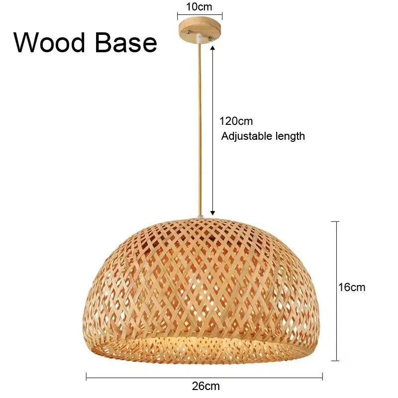 DecorBites™ hand-knit bamboo pendant ceiling light with natural tones woven dome shade and adjustable wooden base