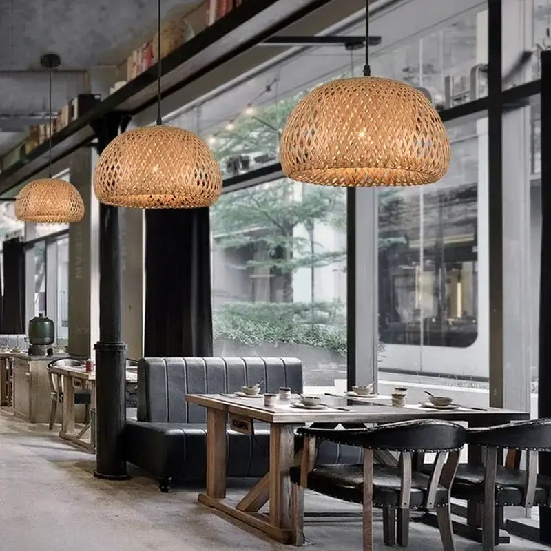 Decorbites™ hand-knit bamboo pendant ceiling light with natural woven design and warm golden glow ceiling light