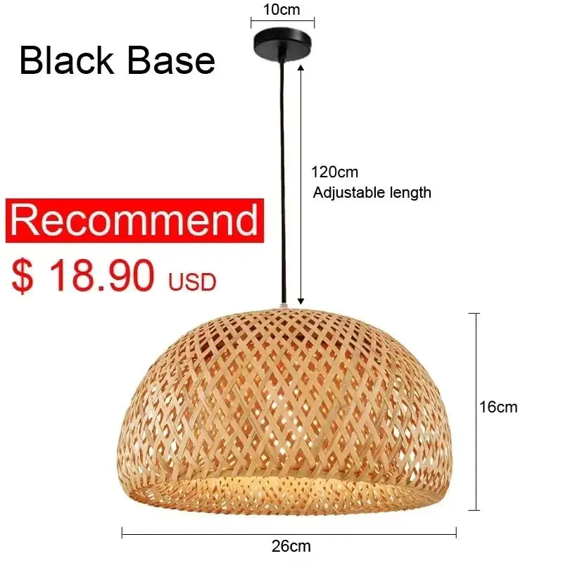 DecorBites hand-knit natural woven bamboo pendant ceiling light with black base and adjustable length ceiling light