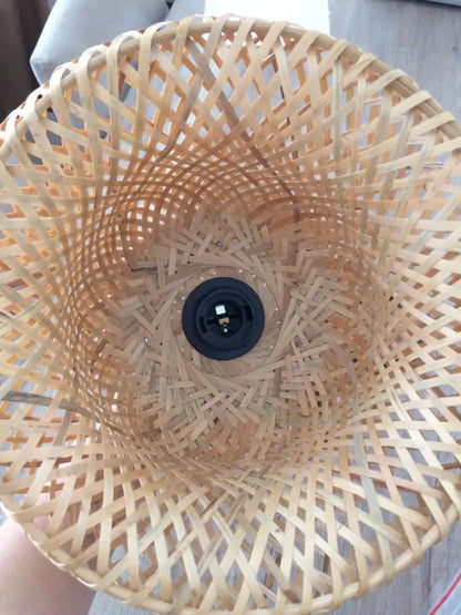DecorBites hand-knit bamboo pendant ceiling light with natural woven lampshade and black central bulb socket