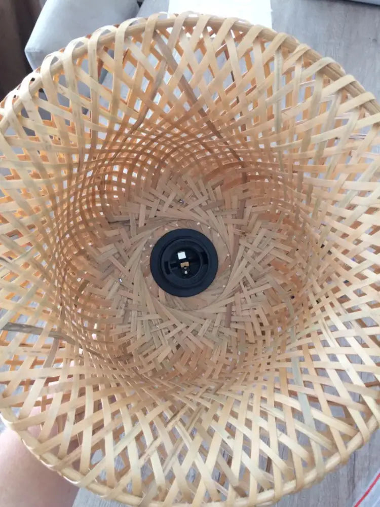 DecorBites hand-knit bamboo pendant ceiling light with natural woven lampshade and black central bulb socket