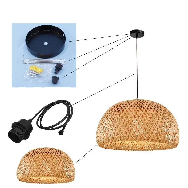 DecorBites™ hand-knit bamboo pendant ceiling light with natural woven dome-shaped lattice-patterned shade