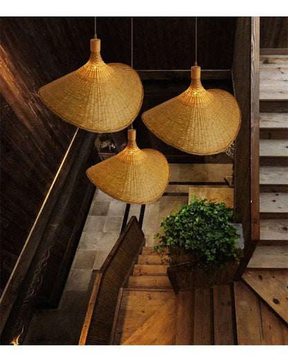 Decorbites™ hand-knit bamboo pendant ceiling light features three golden-brown woven rattan conical lamps hanging
