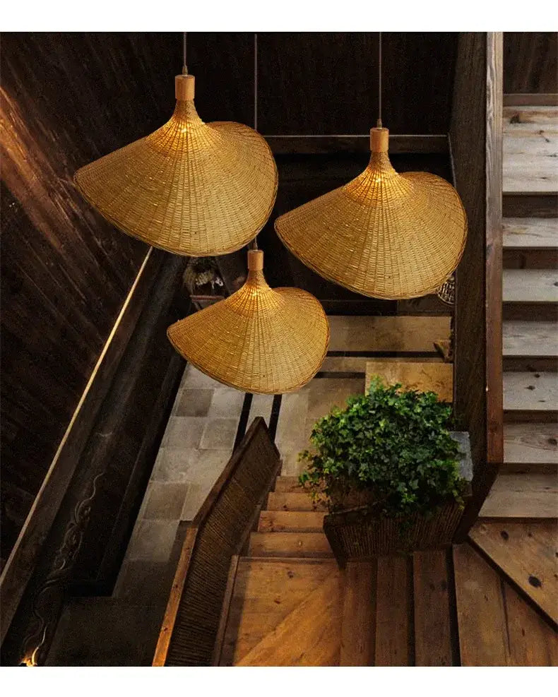 Decorbites™ hand-knit bamboo pendant ceiling light features three golden-brown woven rattan conical lamps hanging
