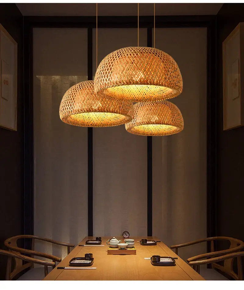 Three warm-toned woven bamboo pendant ceiling lights by decorbites for modern dining spaces ceiling light design