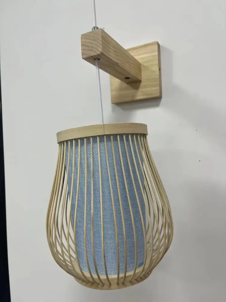 Decorbites™ hand-knit bamboo pendant ceiling light with natural wood frame and light blue woven fabric shade