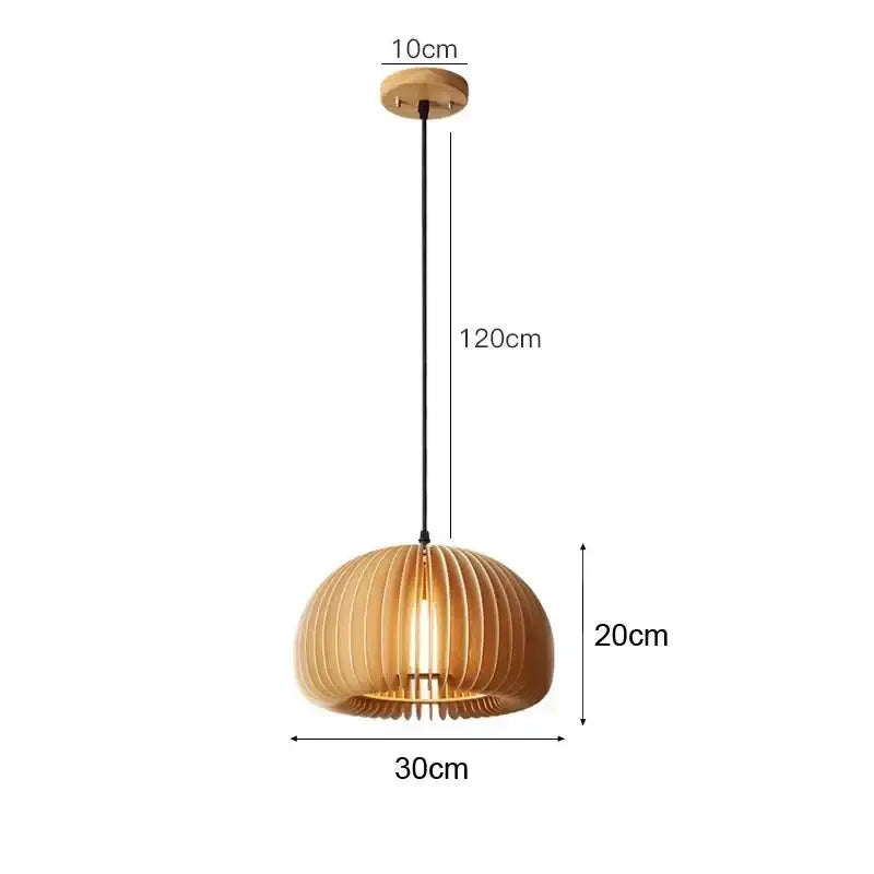 Decorbites™ hand-knit bamboo pendant ceiling light with warm-toned ribbed wooden dome and black cord suspension
