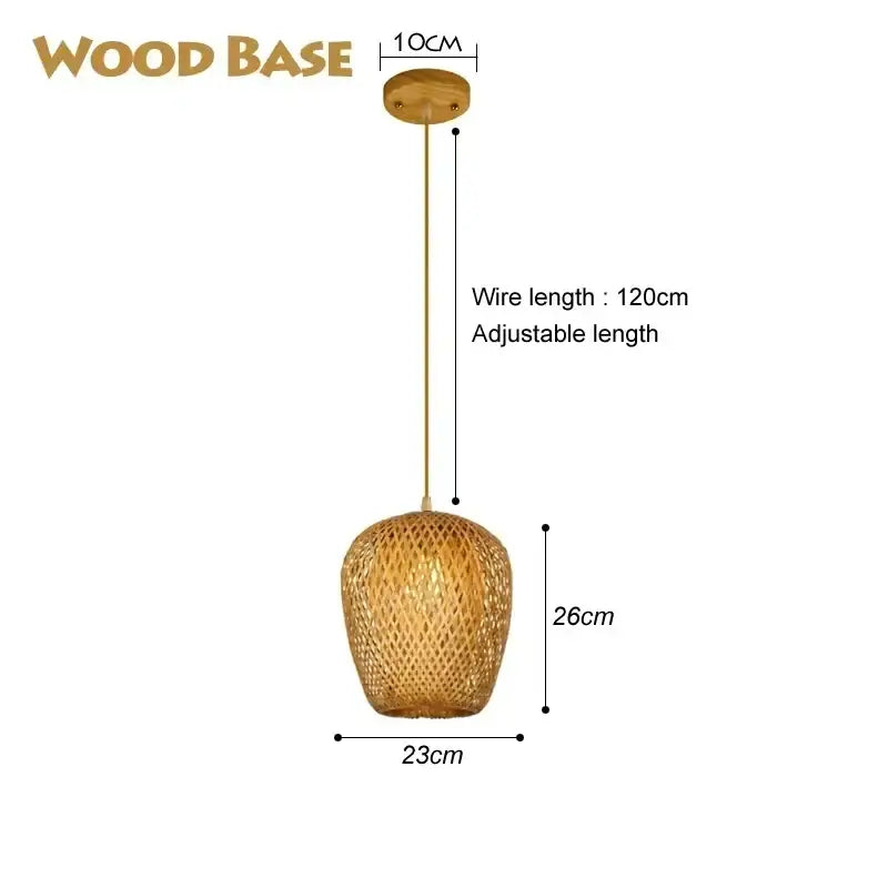 DecorBites™ hand-knit bamboo pendant ceiling light with warm tones natural wood base and adjustable brass wire ceiling light